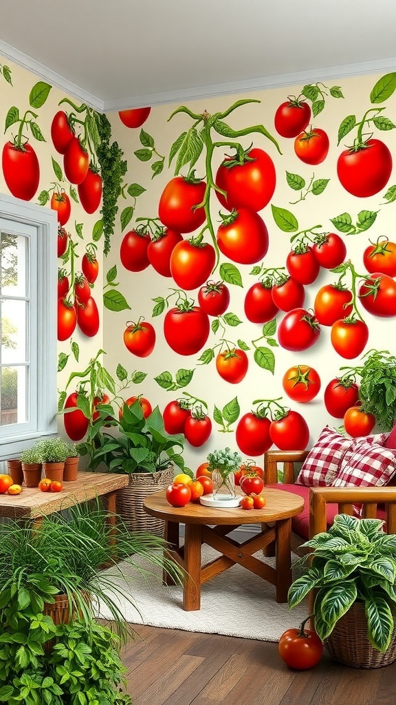 A room with tomato-themed wallpaper showcasing bright red tomatoes, rustic furniture, and green plants.